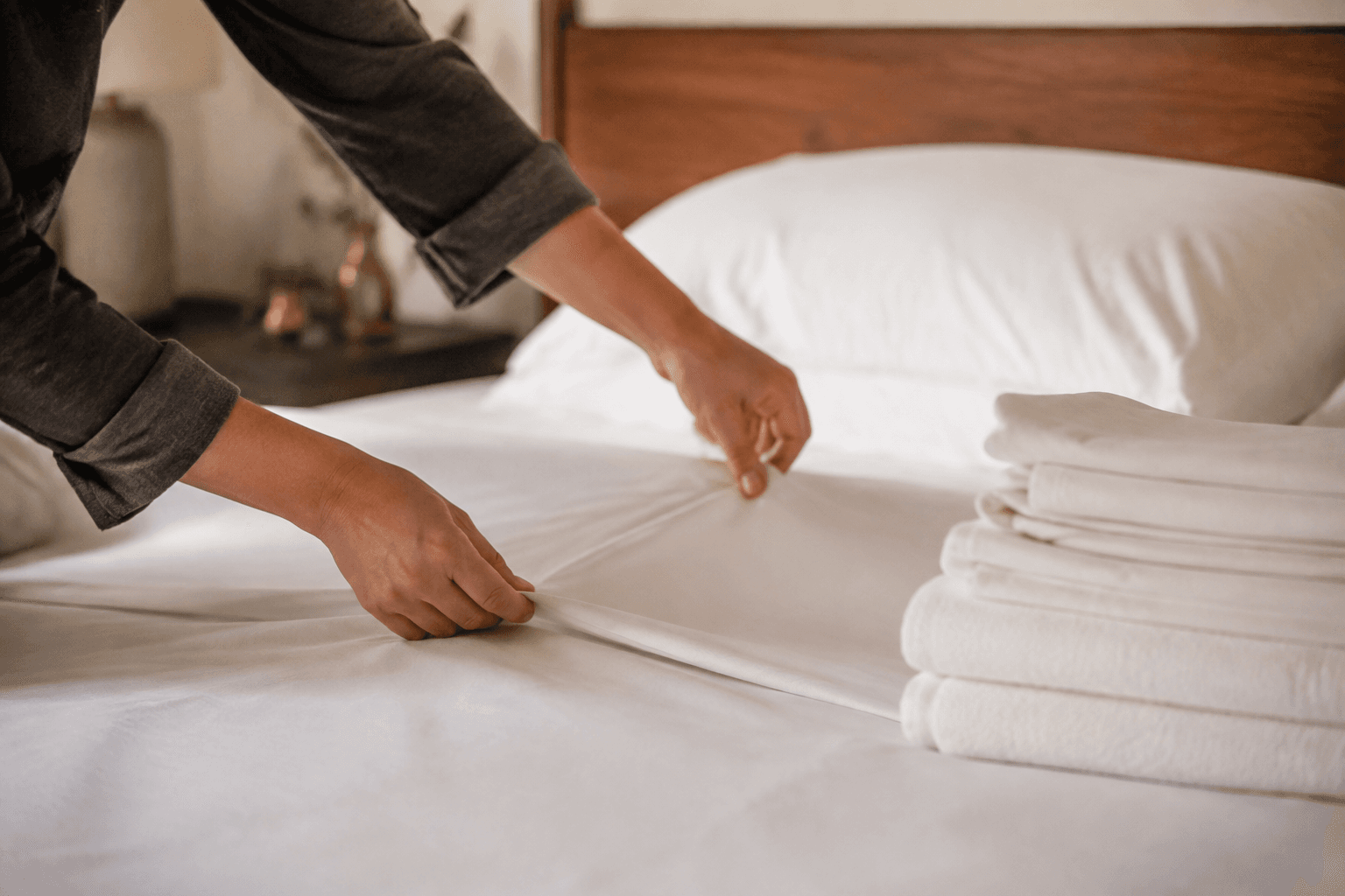 Intervenante Alfred préparant avec soin le linge d’un lit